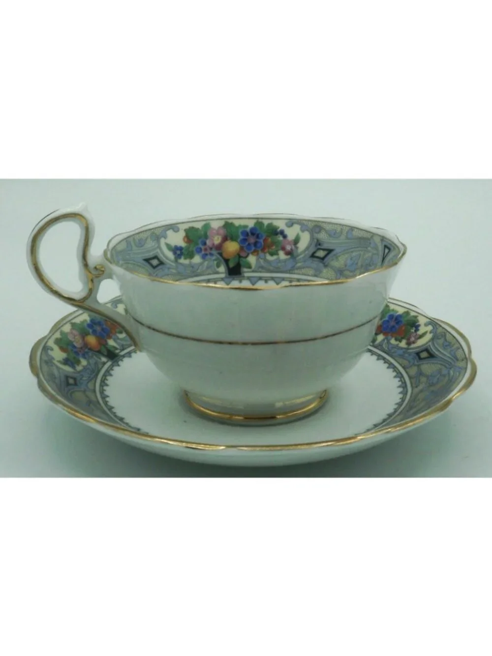 Royal Albert Teacup Saucer Set Art Deco Crown China Fruit Flowers Cameo Border